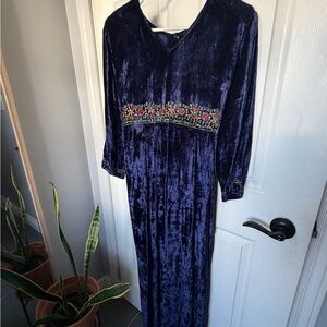 Vintage April Cornell Crushed Blue Velvet Maxi with embroidery details. Size L